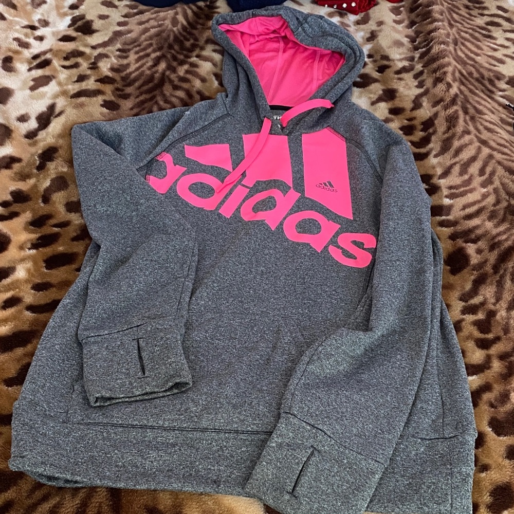 Adidas Dark Gray Hoodie with Vibrant Pink Logo